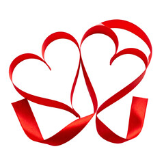 Two entwined red ribbon hearts floating on a black background, signifying love and connection