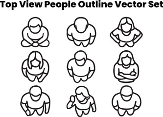 Editable black and white top view people icons — outline vector of walking, sitting, and standing humans from above — perfect for architectural maps and planning visuals.
