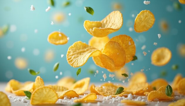 Crispy potato chips floating in air with basil leaves and salt crystals. Tasty snack on light blue background. Food background. Delicious chips perfect for advertisement.