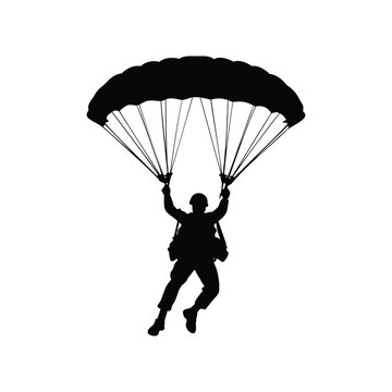 Silhouette of a paratrooper safely landing with a parachute during a mission, soldier in parachute jump silhouette vector illustration