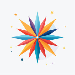 Colorful geometric starburst with sharp points and a circular base, surrounded by small stars and confetti.