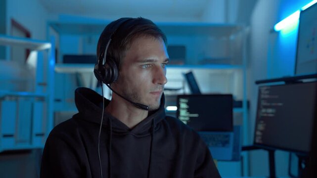 IT support specialist wearing headset assisting remote clients in dark office, representing communication, reliability, and expertise in modern digital service and technology support.