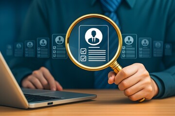 HR management and employee recruitment concept with data screening, candidate selection, and job evaluation process