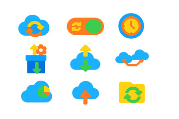Obraz premium Colorful Cloud Sync Icons. Flat vector icons of cloud and sync settings: sync cloud icon, sync toggle switch, auto-sync timer,