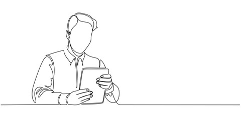 Continuous Line Drawing illustration of a businessman working with tablet	
