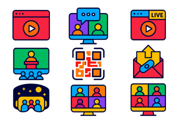 Virtual Event Icons. Flat vector icons of virtual and digital events: webinar window icon, online meetup screen, virtual