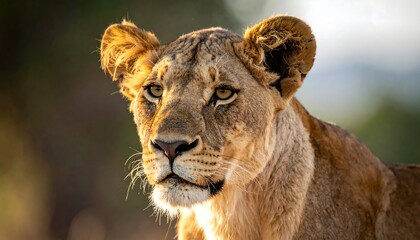 A detailed portrait of a lioness, bathed in warm sunlight. The majestic feline gazes attentively, its eyes focused. Bokeh background