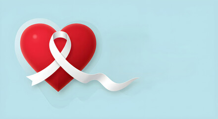 Red heart with a white ribbon on blue background. Organ donation and blood donation concept. Health awareness and support symbol for medical promotion.