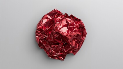 Crumpled red foil ball on gray background, shiny metallic texture, isolated decorative element for festive design, abstract reflective material for wrapping, christmas or new year theme