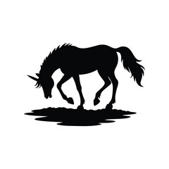 Mystical black unicorn silhouette grazing peacefully in a magical enchanted landscape, unicorn drinking silhouette vector illustration