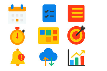 Vibrant Productivity Icons. Flat vector icons of productivity apps: calendar, to-do list, notes, timer, project board, goal