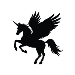 Majestic Black Pegasus Silhouette Leaping Forward with Powerful Wings Unfurled against White Background, unicorn flying with wings silhouette vector illustration