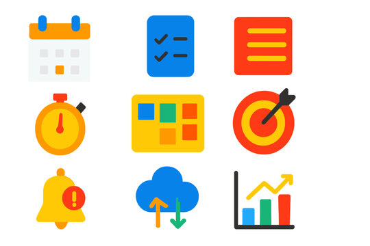 Vibrant Productivity Icons. Flat vector icons of productivity apps: calendar, to-do list, notes, timer, project board, goal