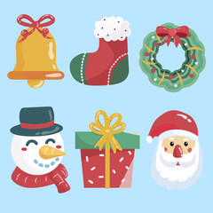 A collection pf six cheerful amd cute cartoon style icons related to Christmas, Designed in a clean, flat graphic style on a light sky-blue background.
