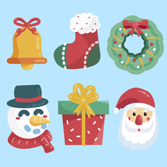 A colorful flat-style Christmas icon collection featuring a jingle bell, holiday stocking, Christmas wreath, cheerful snowman, gift box with ribbon, and Santa Claus face. Perfect for holiday cards, in