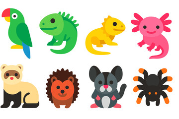 Fototapeta premium Exotic Pet Icons. Flat vector icons of exotic pets: parrot, iguana, bearded dragon, axolotl, ferret, hedgehog, sugar glider,