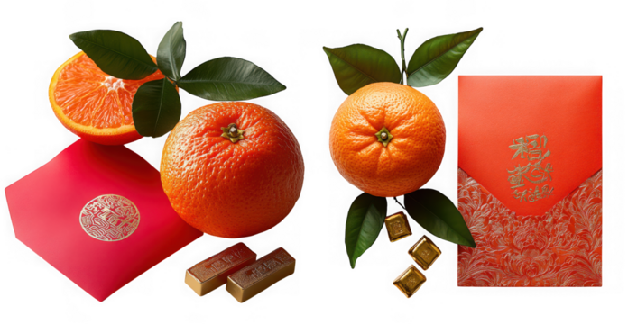 Two tangerines with leaves, red envelopes, and candy bars isolated on transparent background
