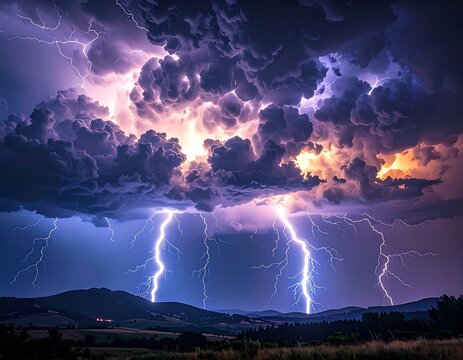 A dramatic storm scene showcasing powerful lightning strikes illuminating dark, textured clouds above a rolling landscape. Intense light and shadow are prevalent