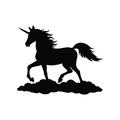 Silhouette of a Majestic Unicorn Standing on Clouds in a Magical Realm, unicorn walking clouds silhouette vector illustration
