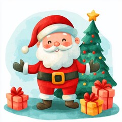 The image is a watercolor illustration of Santa Claus standing near a Christmas tree with gifts