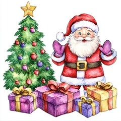 Santa Claus is depicted in a watercolor illustration alongside a Christmas tree and various gifts