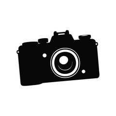 Vintage film camera silhouette with a central lens design and flash mount, vintage film camera silhouette vector illustration