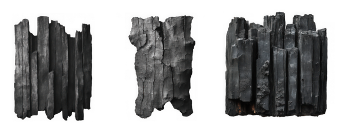 Three charred wooden pieces with a rough texture, isolated on transparent background