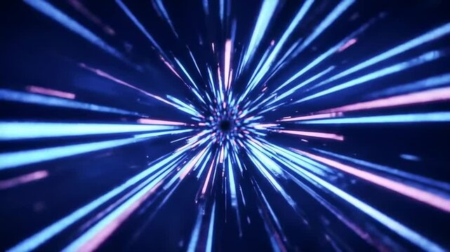 Abstract neon lights warp through a space tunnel, a futuristic tech background