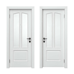 Two white, paneled doors side-by-side against a black background, one with a peephole