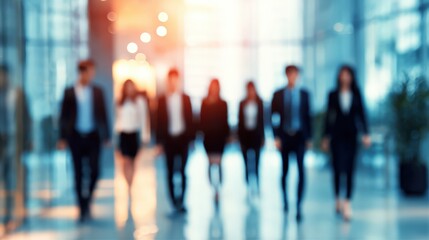 Business professionals walk together in a modern office building corridor.