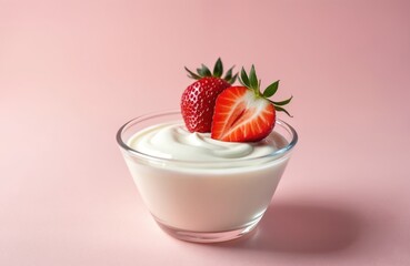 Close-up of a glass bowl filled with creamy yogurt and garnished with fresh ripe strawberries. One whole and one halved strawberry rest on top of white yogurt. Pink background completes food photo.