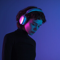 Portrait of a woman in headphones under neon blue and pink light. Creative futuristic mood, vibrant color contrast, minimal dark background