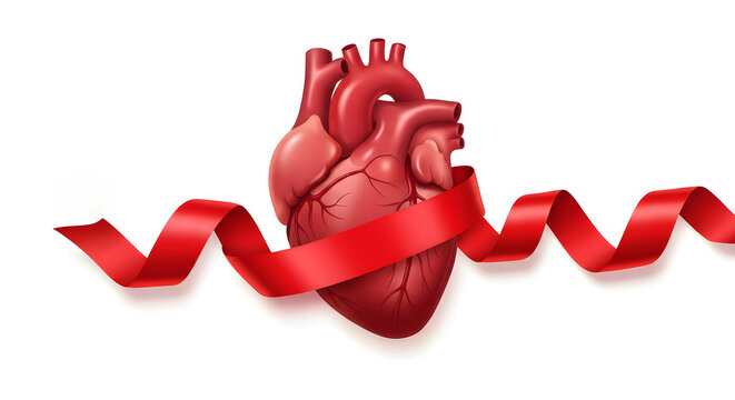 Anatomical human heart with red ribbon, symbolizing organ donation and heart health awareness. Medical concept for cardiovascular support.