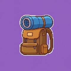A pixel art illustration of a camping backpack with a sleeping bag strapped to the top. The object is drawn in an 8-bit or 16-bit game style and has a white outline.