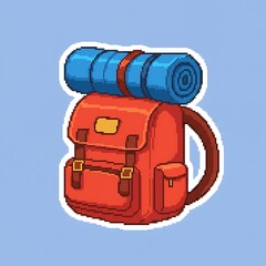 A pixel art illustration of a camping backpack with a sleeping bag strapped to the top. The object is drawn in an 8-bit or 16-bit game style and has a white outline.