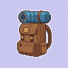 A pixel art illustration of a camping backpack with a sleeping bag strapped to the top. The object is drawn in an 8-bit or 16-bit game style and has a white outline.