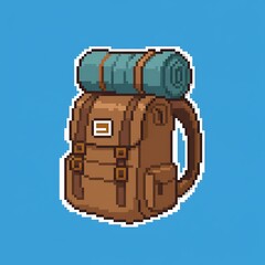 A pixel art illustration of a camping backpack with a sleeping bag strapped to the top. The object is drawn in an 8-bit or 16-bit game style and has a white outline.