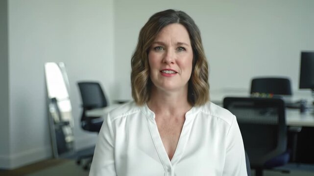Businesswoman speaking in a modern office for a corporate testimonial or interview
