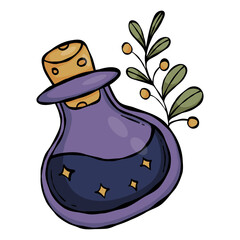 Magic Bottle with Plant Branch. Witch Love Elixir. Color Textured Hand Drawn Doodle