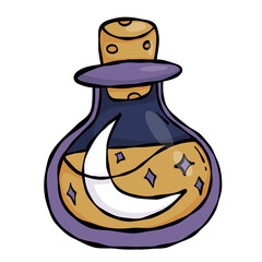 Magic Bottle with Moon Crescent . Witch Elixir. Color Textured Hand Drawn Doodle