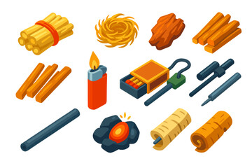 Fire Starting Kit. Isometric vector illustration set Fire Starting Kit: kindling bundle, tinder nest, dry bark, fatwood sticks,