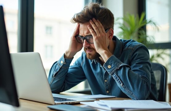 Young business man in glasses holds head, looks at laptop screen. Feels bad, headache, pain, burnout from computer work. Tired office worker suffers eye strain, mental health problem, work pressure,