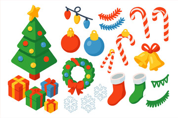 Fototapeta premium Winter Festive Icons. Isometric vector illustration set Winter Festive Set: Christmas tree, baubles, string lights, tinsel, star