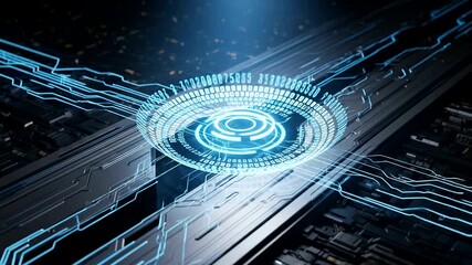 Futuristic digital interface with glowing circuits over a dark cityscape - Powered by Adobe