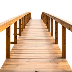 A wooden footbridge with railings, isolated on black, perspective view