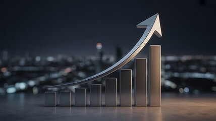Silver bar graph with upward arrow against blurred city skyline at night chart growth