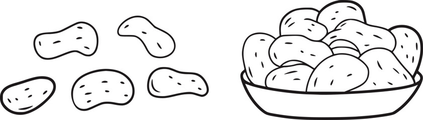 Black and white line drawing of potato chips in a bowl and scattered vector