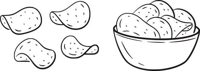 Black and white line drawing potato chips in a bowl and scattered snack food
