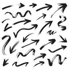 Hand Drawn Black Brush Arrows Set – Grunge Ink Directional Icons on White Background
