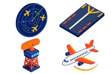 Air Traffic Radar. Isometric vector illustration set Air Traffic Control Radar: aircraft position blips, runway direction lines,